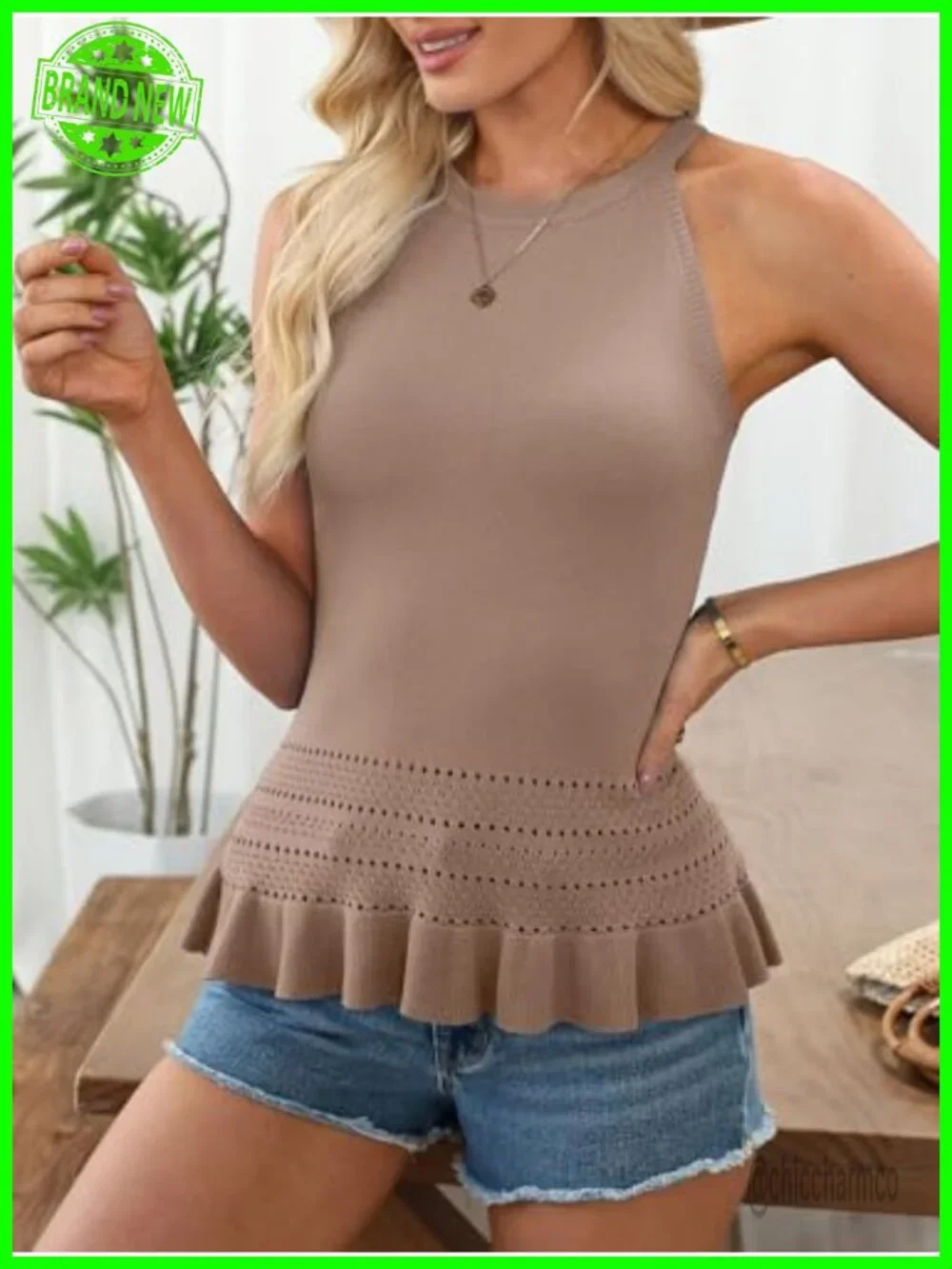 Crochet Crop Tank Top Sleeveless Halter Neck Ruffle Hem Knit Sweater Vest